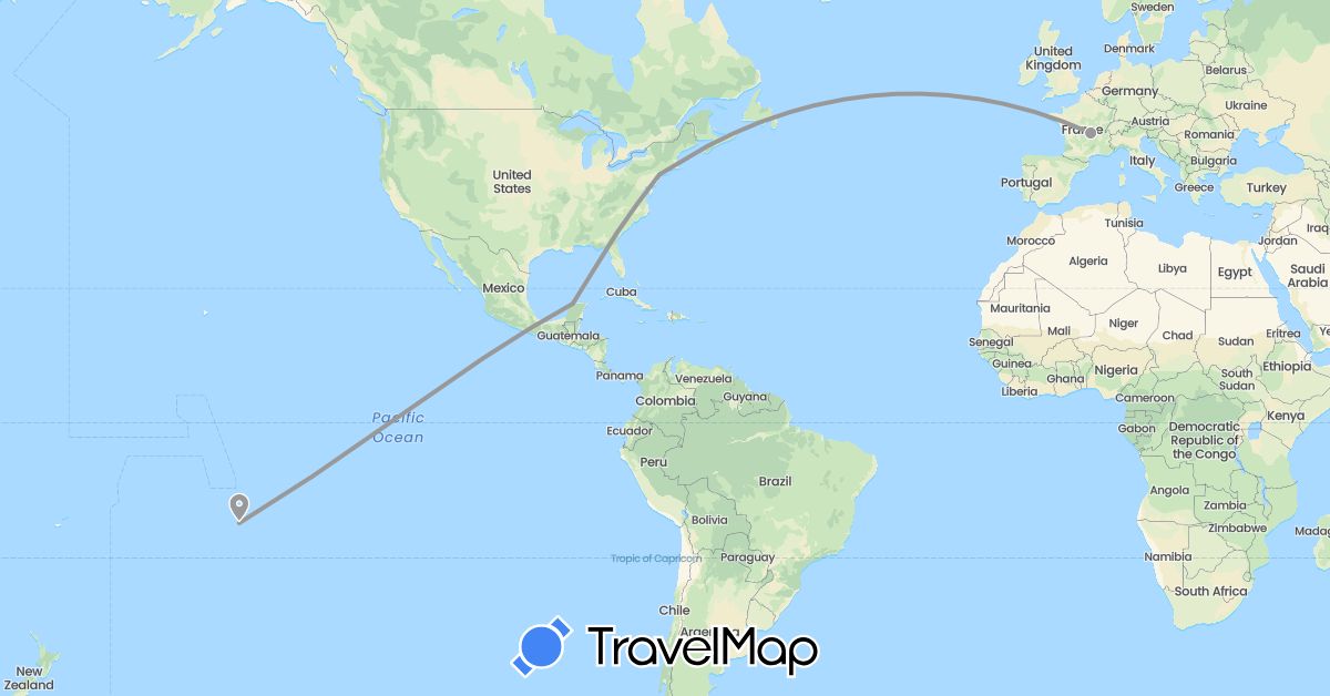 TravelMap itinerary: driving, plane in France, Mexico, French Polynesia, United States (Europe, North America, Oceania)